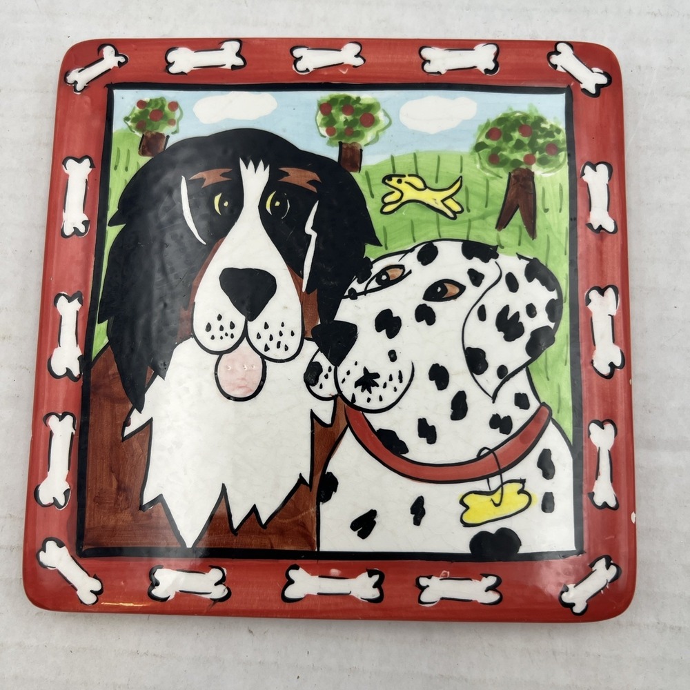 Vintage DOGZILLA TWO DOGS 6x6 Glazed Ceramic Trivet -‎ CANACE REITER DESIGNS